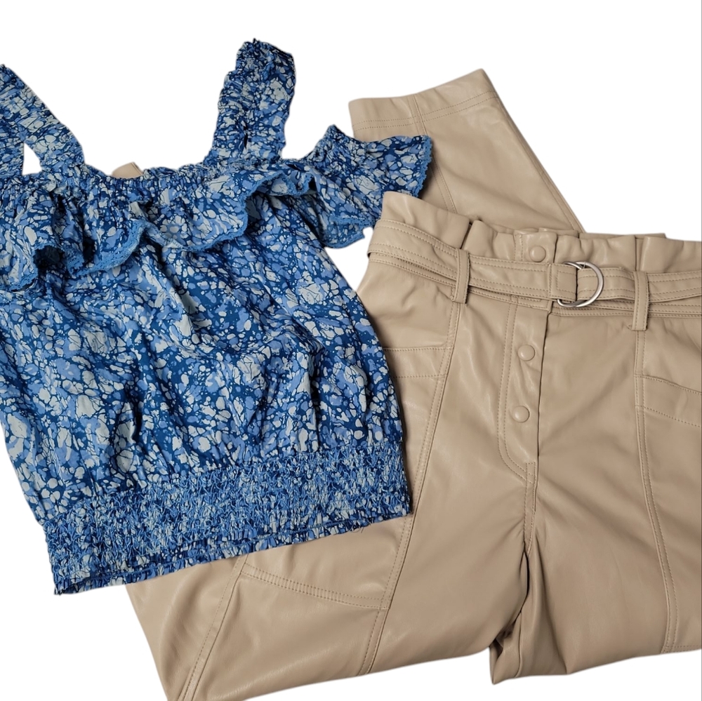 House Of Harlow Bundle Faux Tan Leather Pants Size 2~Blue Ruffle Top Size Medium